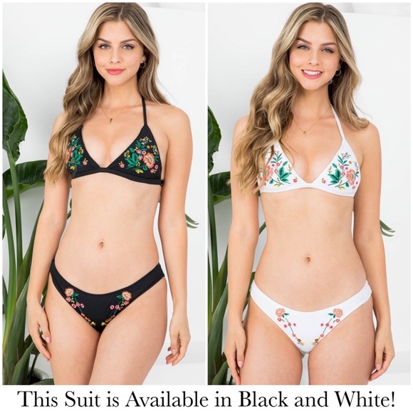 Sexy Black Floral Embroidered Triangle Bikini - Picture 4 of 16